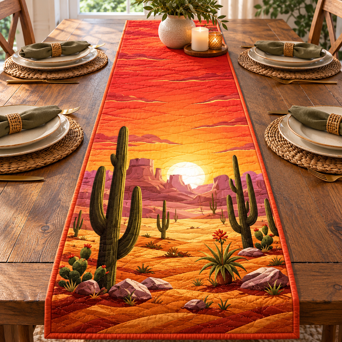 Orange Sunset Saguaro quilted table runner