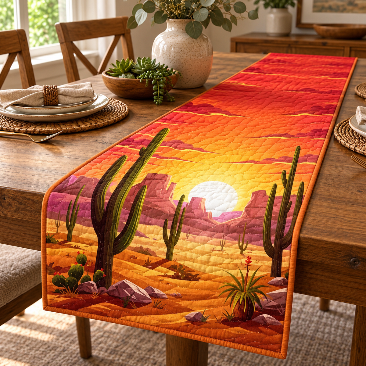 Orange Sunset Saguaro quilted table runner on dining table