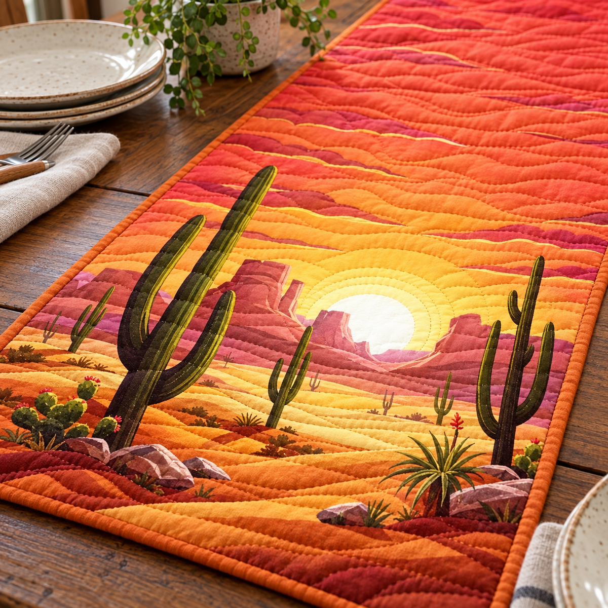 Orange Sunset Saguaro quilted table runner close-up
