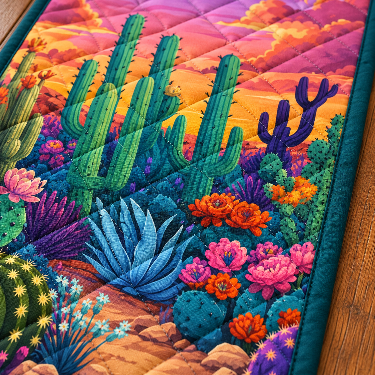 Purple Desert Cactus quilted table runner close-up