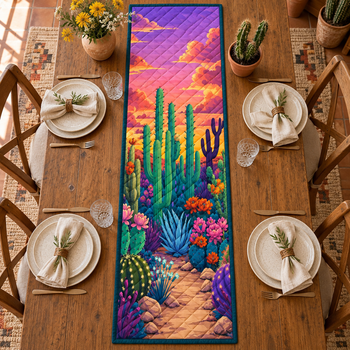 Purple Desert Cactus quilted table runner