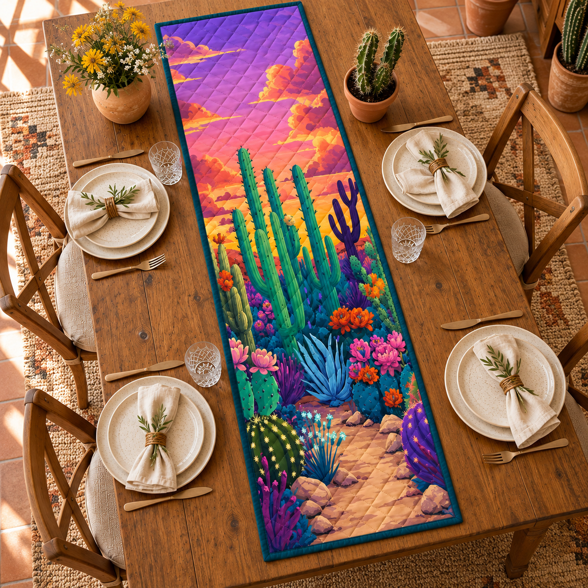 Purple Desert Cactus quilted table runner on dining table