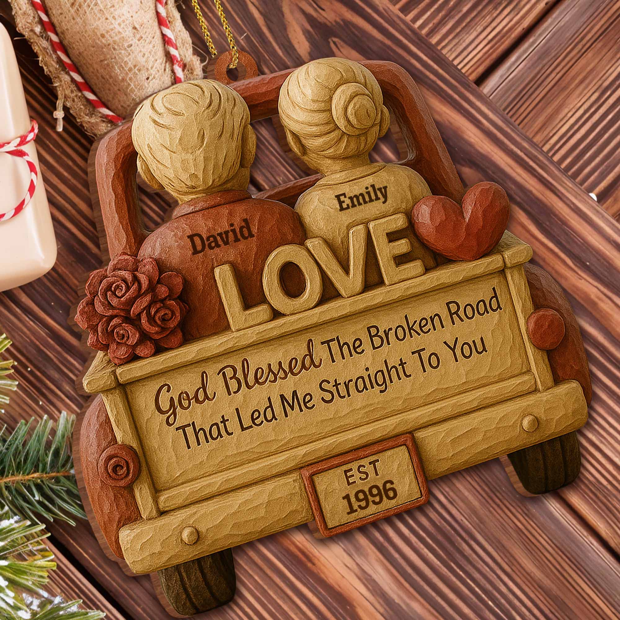 God Blessed The Broken Road Custom Wood Ornament, Wood Christmas Ornament, Christmas Couple Gift Idea