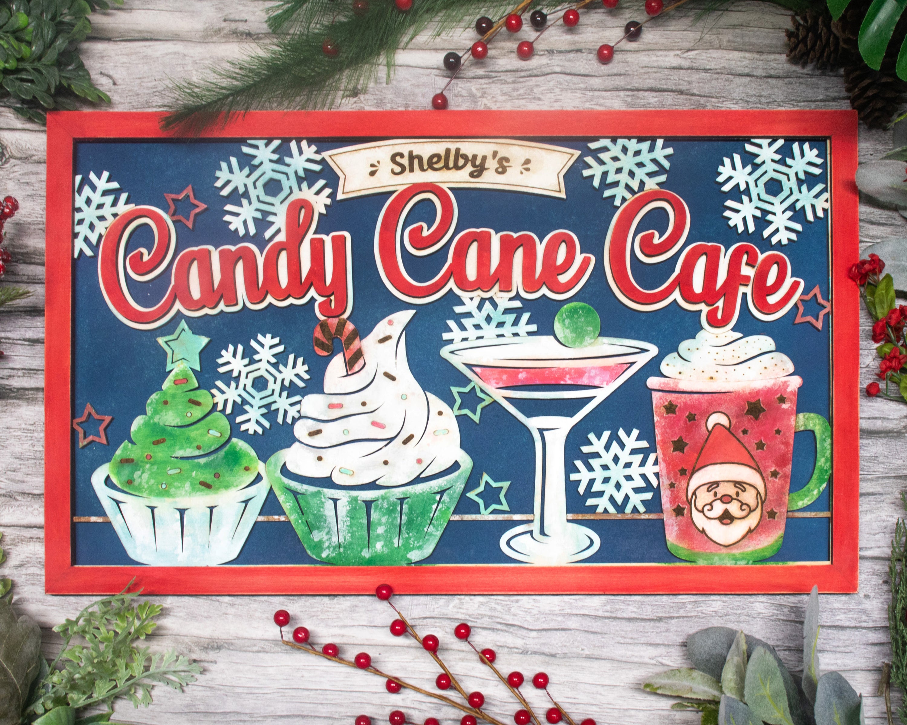 Candy Cane Cafe Personalized Christmas Wood Sign, Holiday Decor