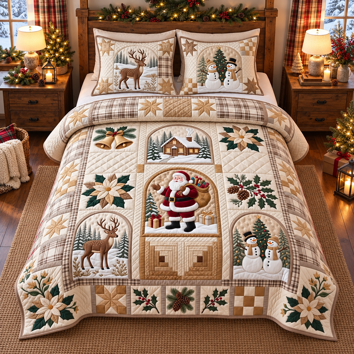 Santa Reindeer Snowman Quilted Bedding Set, Christmas Bedding, Holiday Gift For Mom