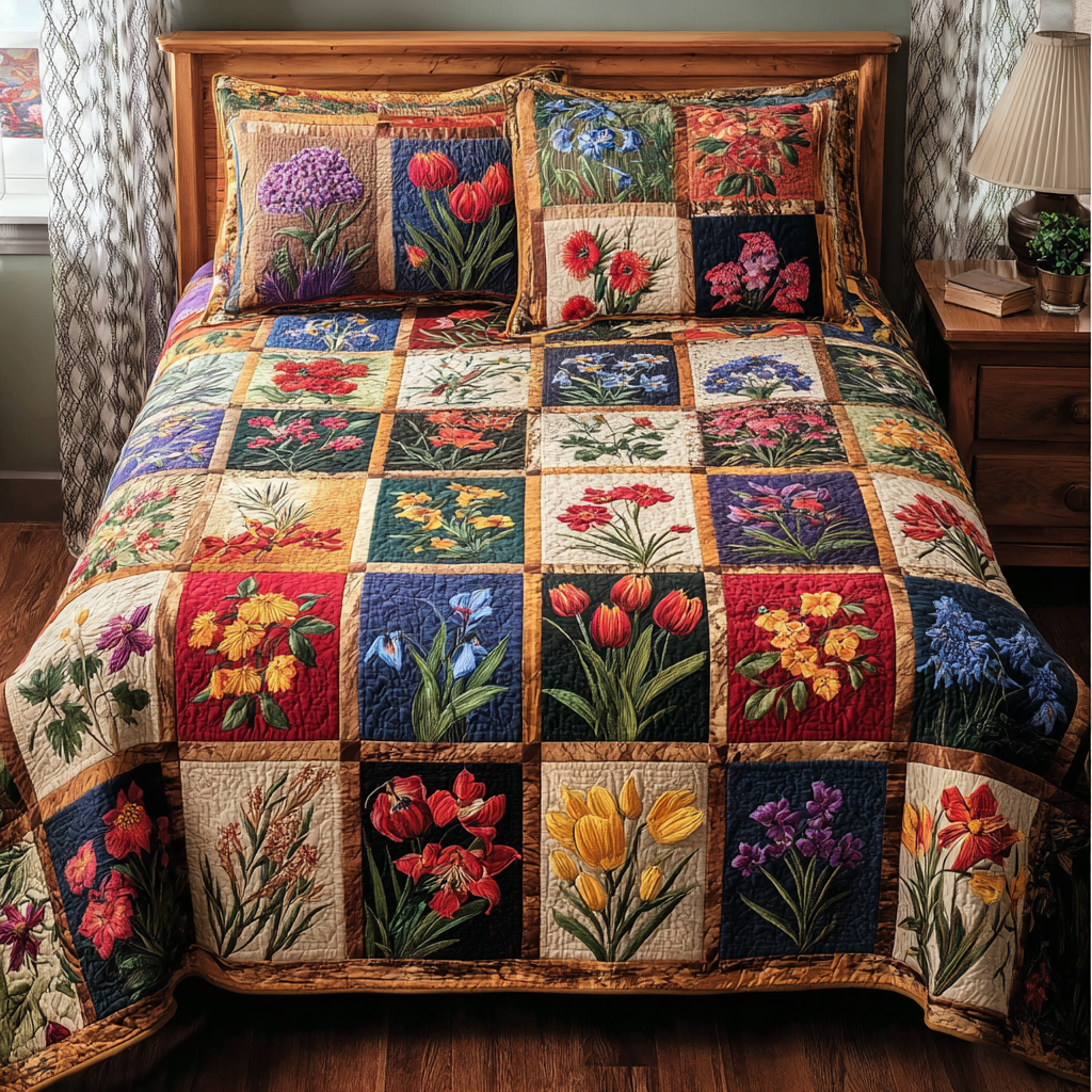 Cottage Garden 3-Piece Quilted Bedding Set Quilted Bedspread Nature Lover Gift Fall Decor Gift