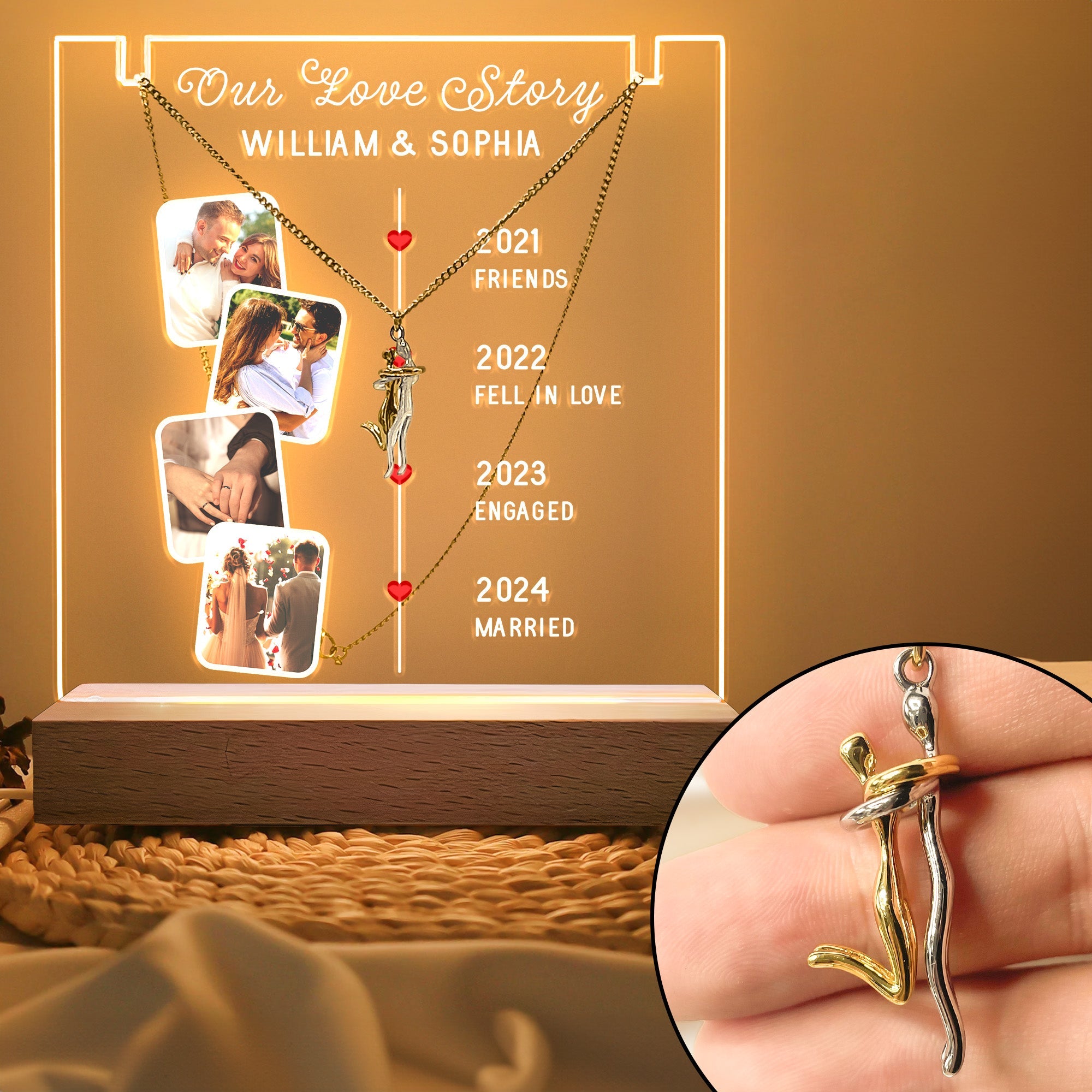 Our Love Story Personalized Photo LED Light Acrylic Plaque With Couple Necklace, Valentine Gifts