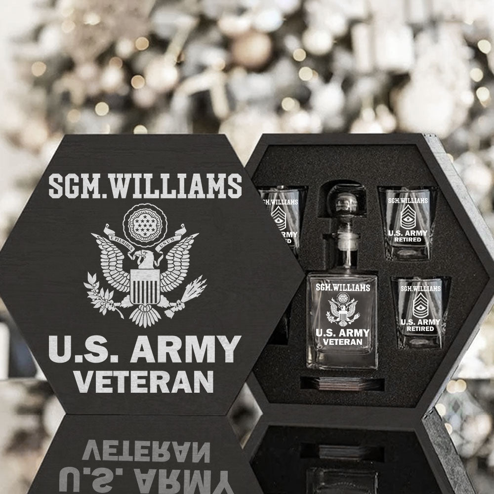 Custom Rank US Veteran Whiskey Hexagon Decanter Set Full Gift, Retirement Gifts