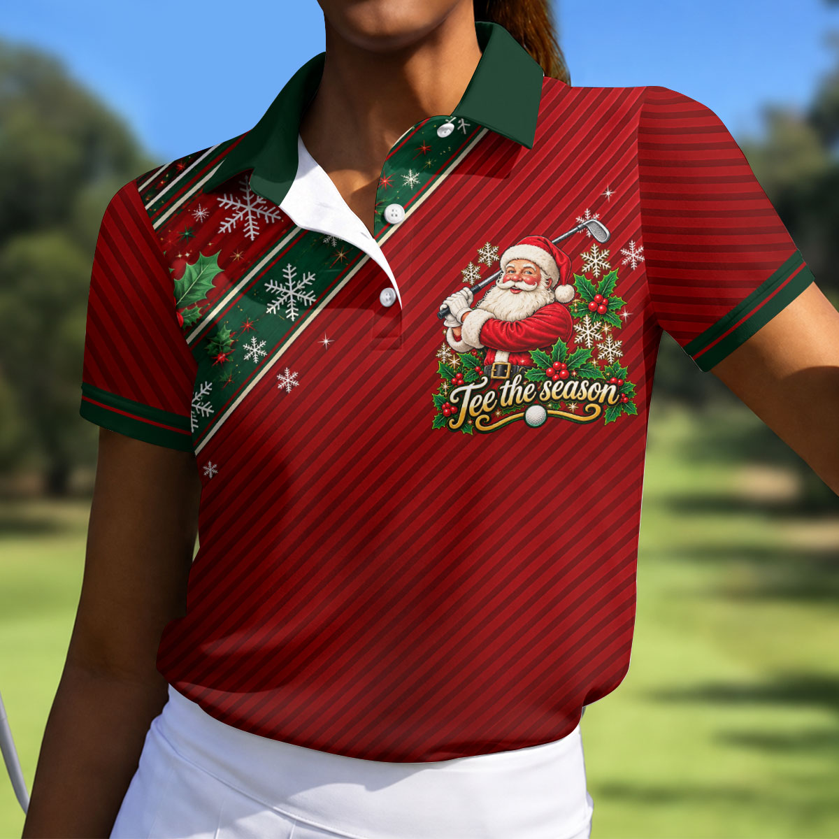 Christmas Tee The Season Santa Golf Shirt, Ladies Golf Shirts, Womens Golf Clothing