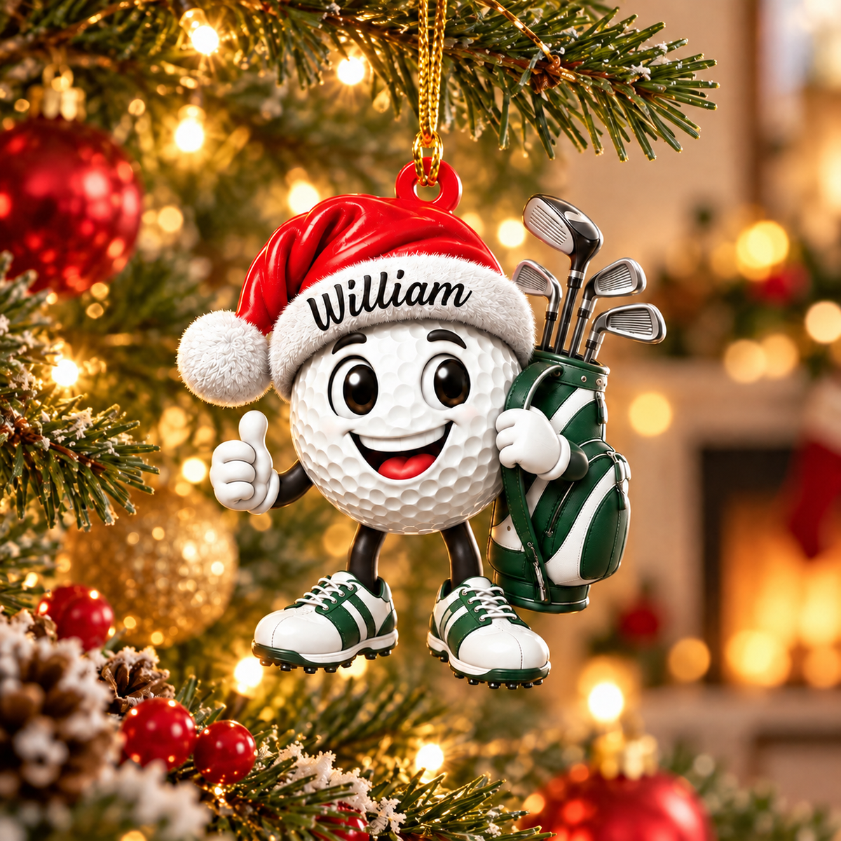 Custom Name Santa Hat Golf Ball Acrylic Ornament, Christmas Gifts, Holiday Keepsake