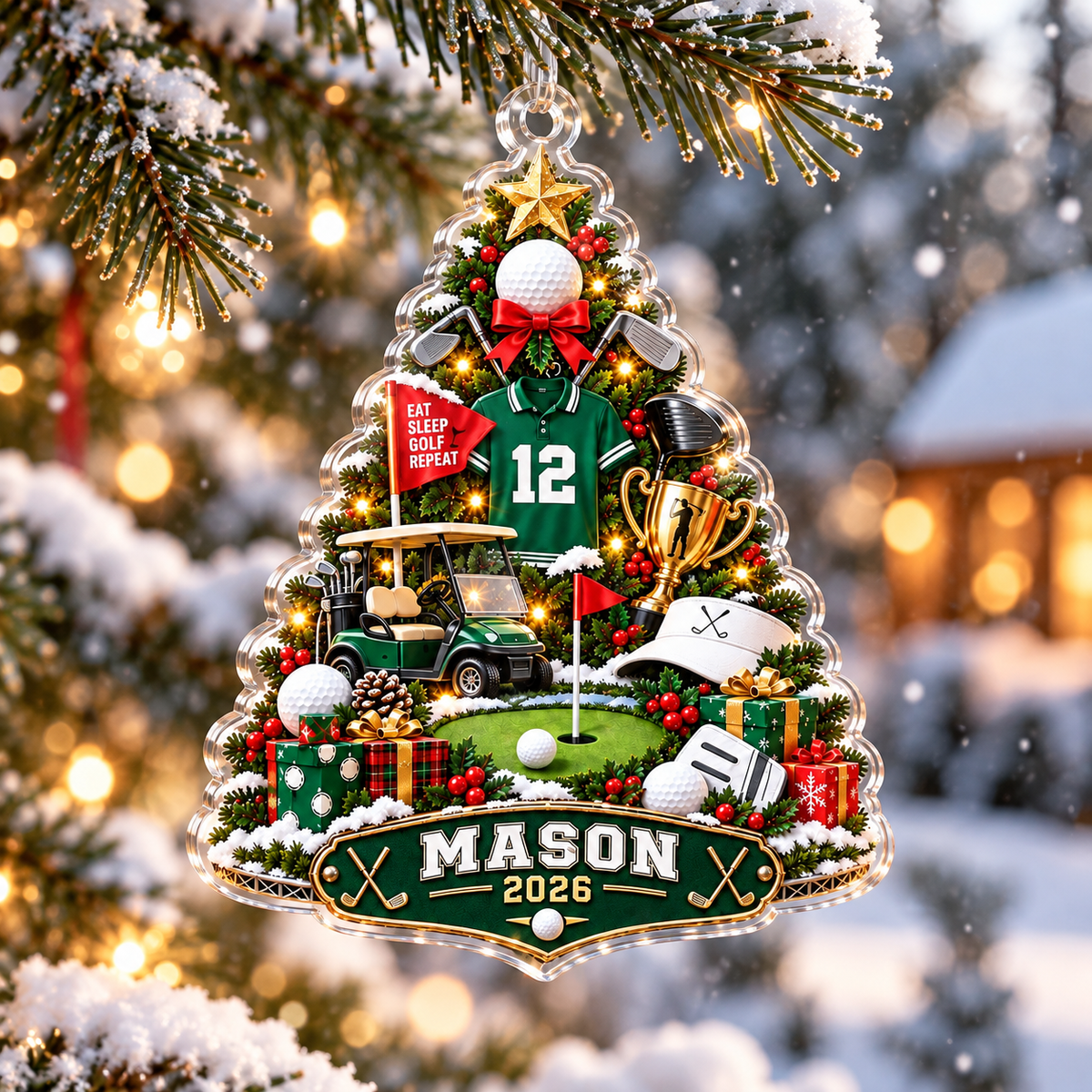 Custom Name Number Year Golf Tree Acrylic Ornament, Christmas Ornaments, Golfer Gifts