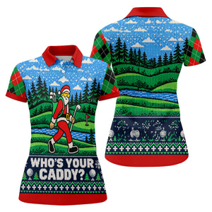 Christmas Who's Your Caddy Santa Golf Shirt, Womens Golf Tops, Womens Golf Apparel