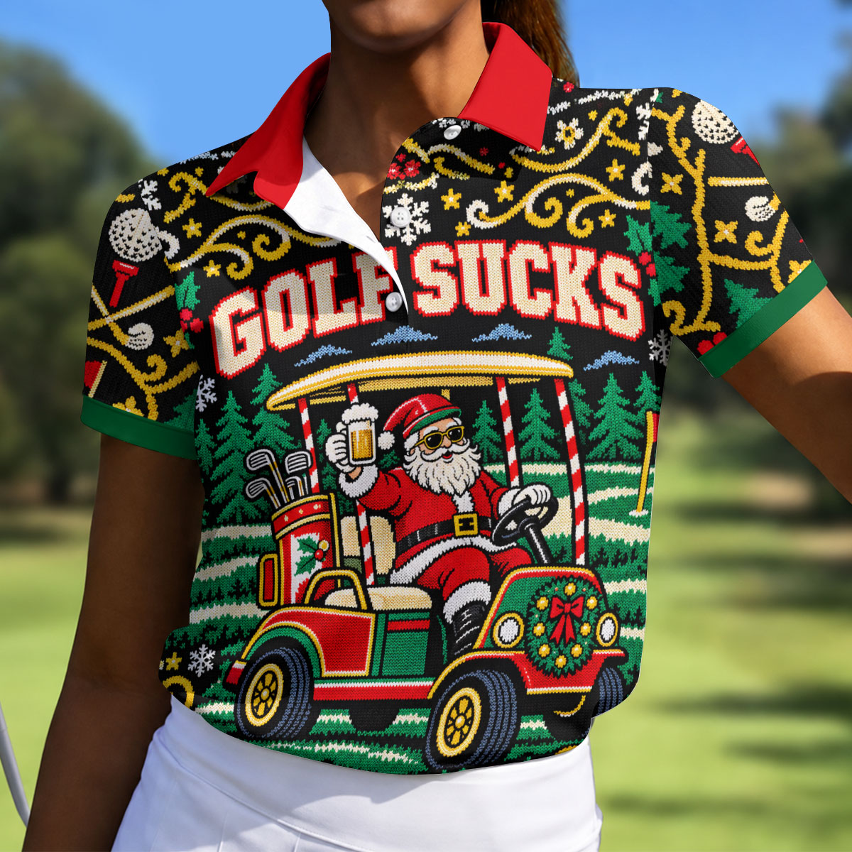 Christmas Golf Sucks Santa Cart Golf Shirt, Womens Golf Tops, Ladies Golf Shirts