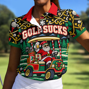 Christmas Golf Sucks Santa Cart Golf Shirt, Womens Golf Tops, Ladies Golf Shirts