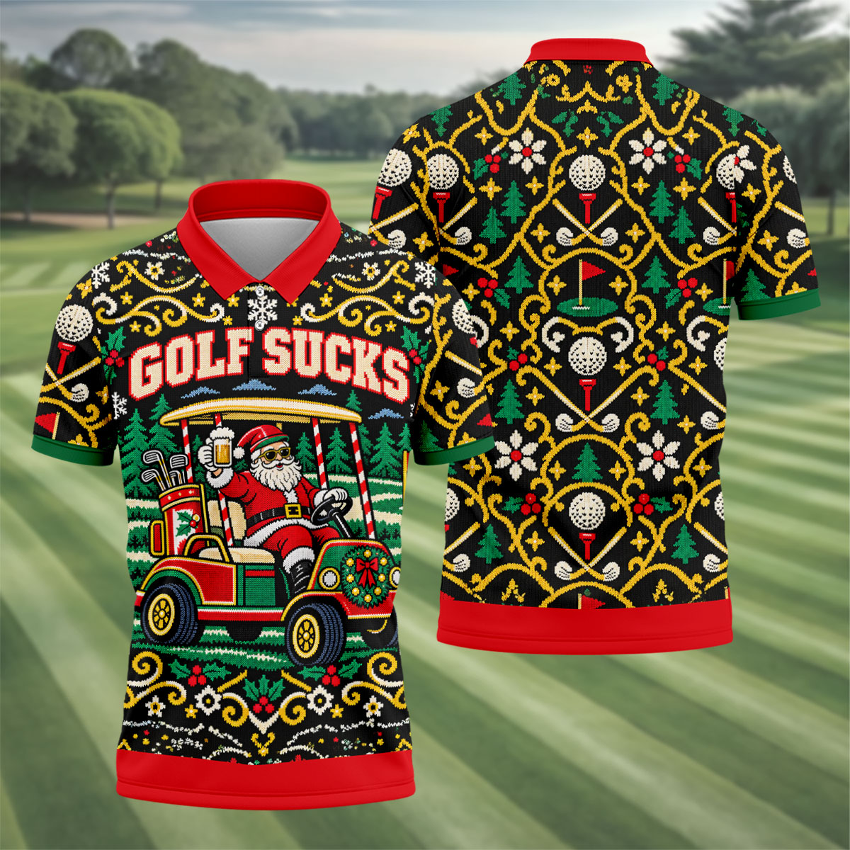 Christmas Golf Sucks Santa Cart Golf Shirt, Mens Golf Polo, Funny Mens Golf Shirts