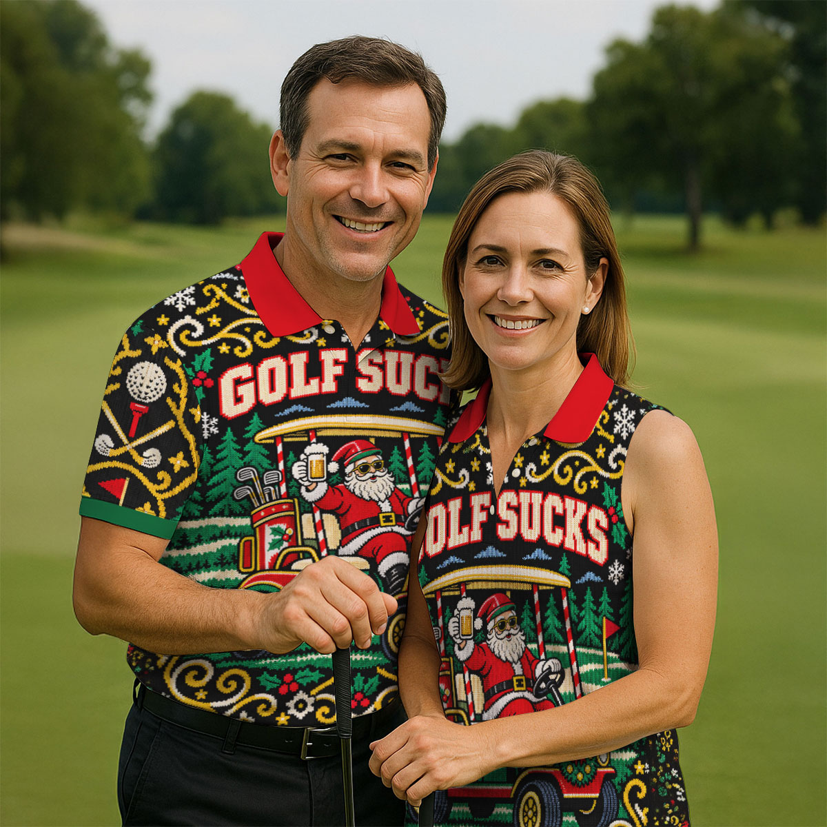 Christmas Golf Sucks Santa Cart Golf Shirt, Mens Golf Polo, Funny Mens Golf Shirts