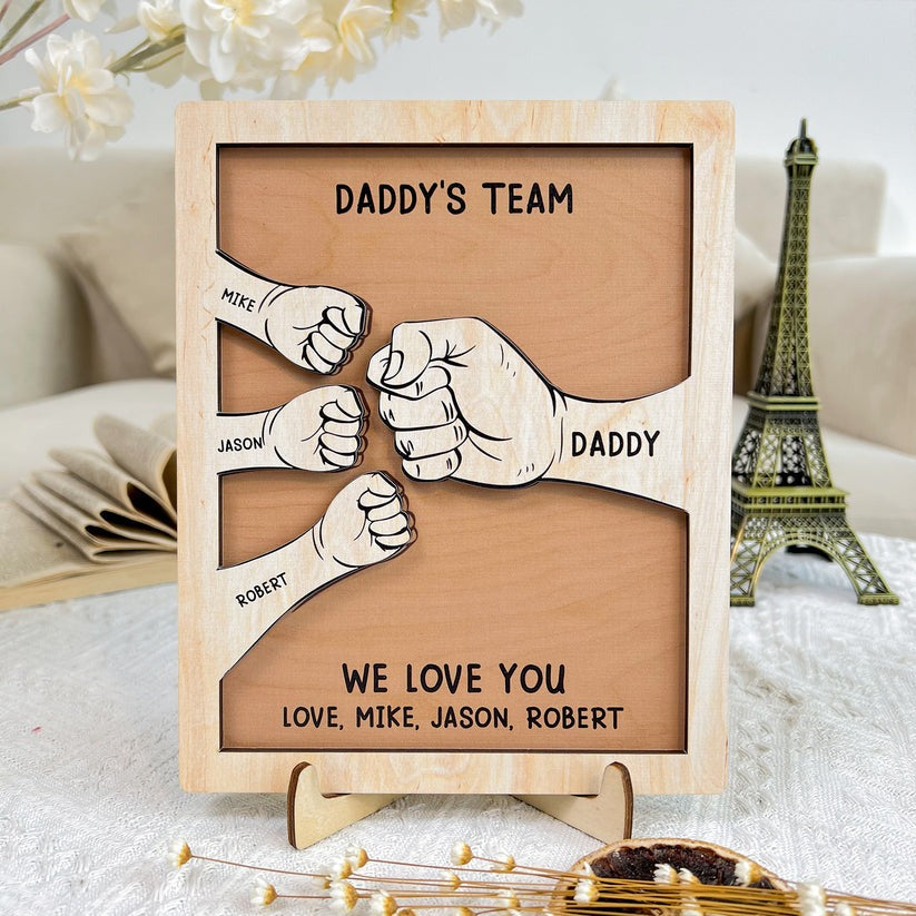 Dad We Love You Hand Bumps Custom Kids Names Personalized Wooden Plaque, Father's Day Gifts