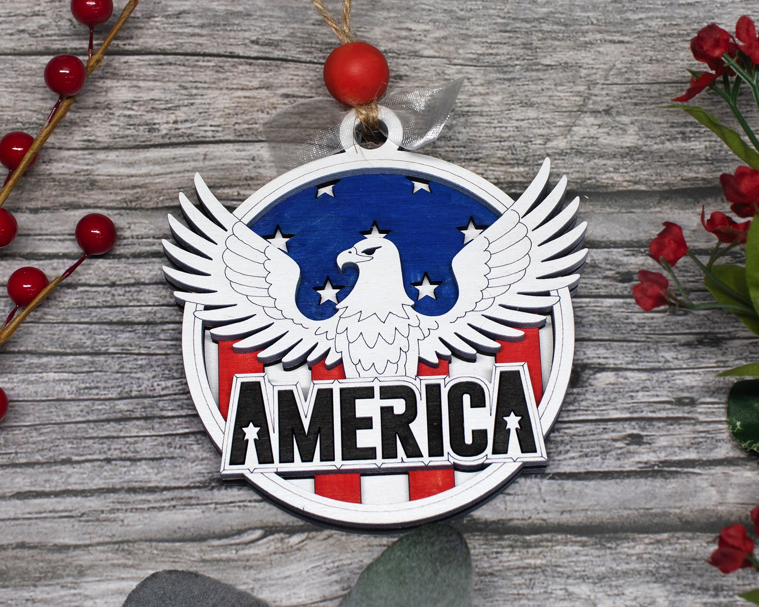 America Eagle Ornament, America Christmas Ornament, Patriots Gift, 3-Layer Wooden Ornament