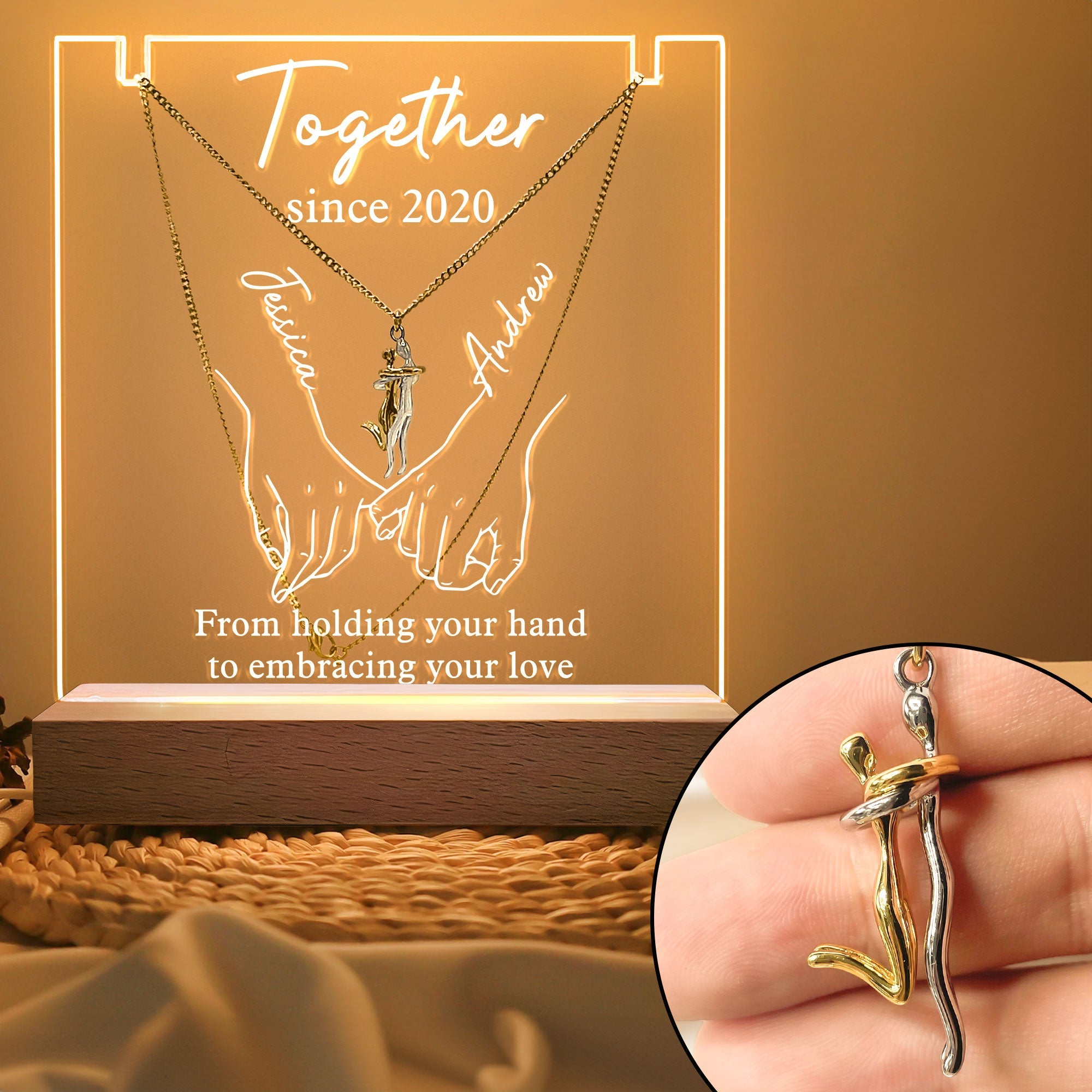 Together Since Personalized LED Light Acrylic Plaque With Couple Necklace, Valentine Gifts