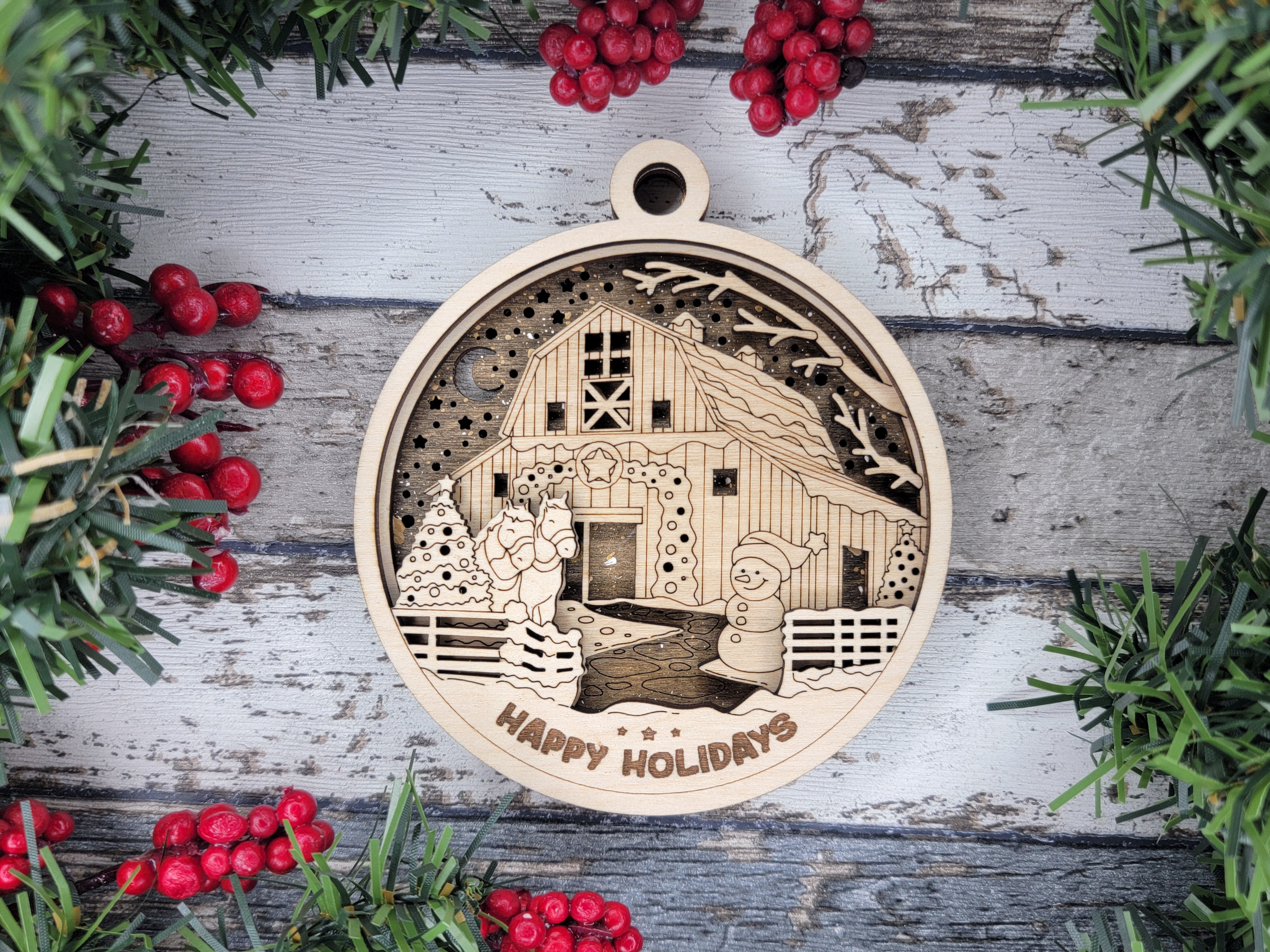 Happy Holidays Christmas Ornament, Farm Christmas Ornament, 3D Christmas Wood Ornaments