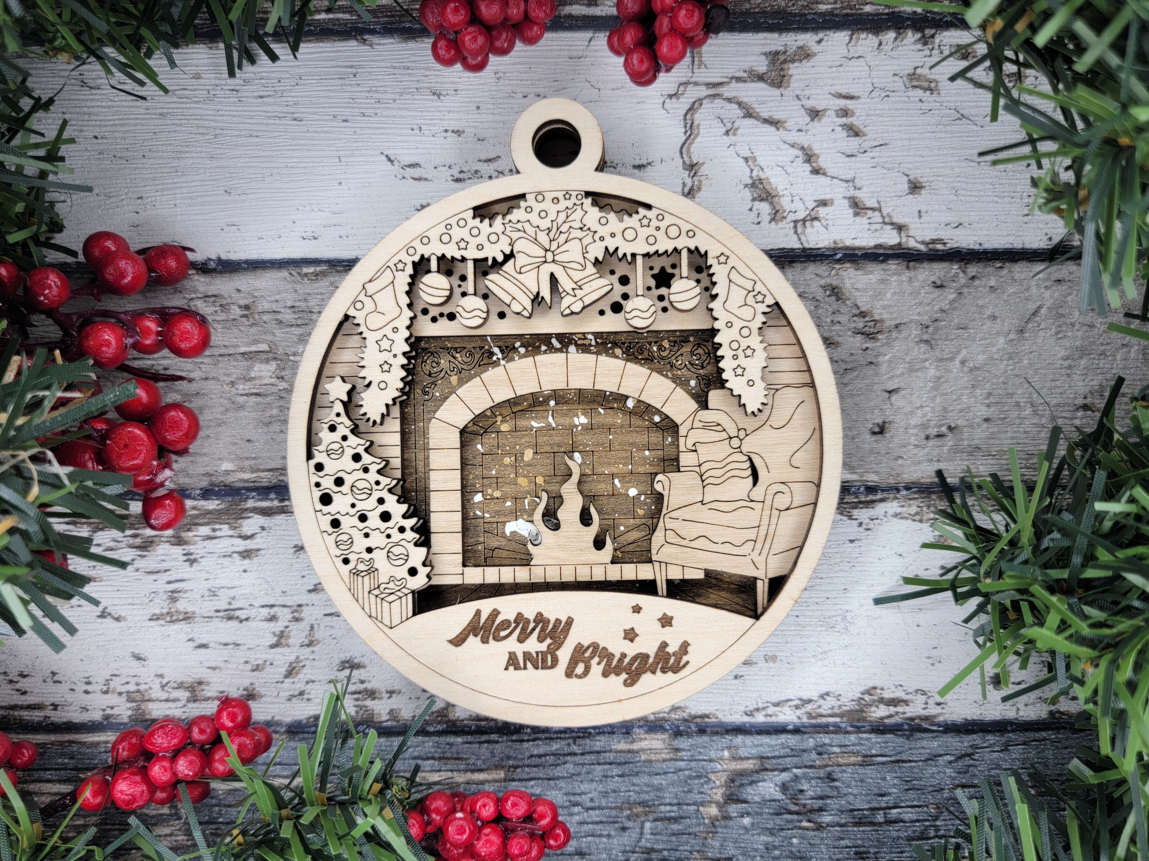 Merry And Bright Layered Christmas ornament, Fireplace Ornaments, 3D Christmas Wood Ornaments