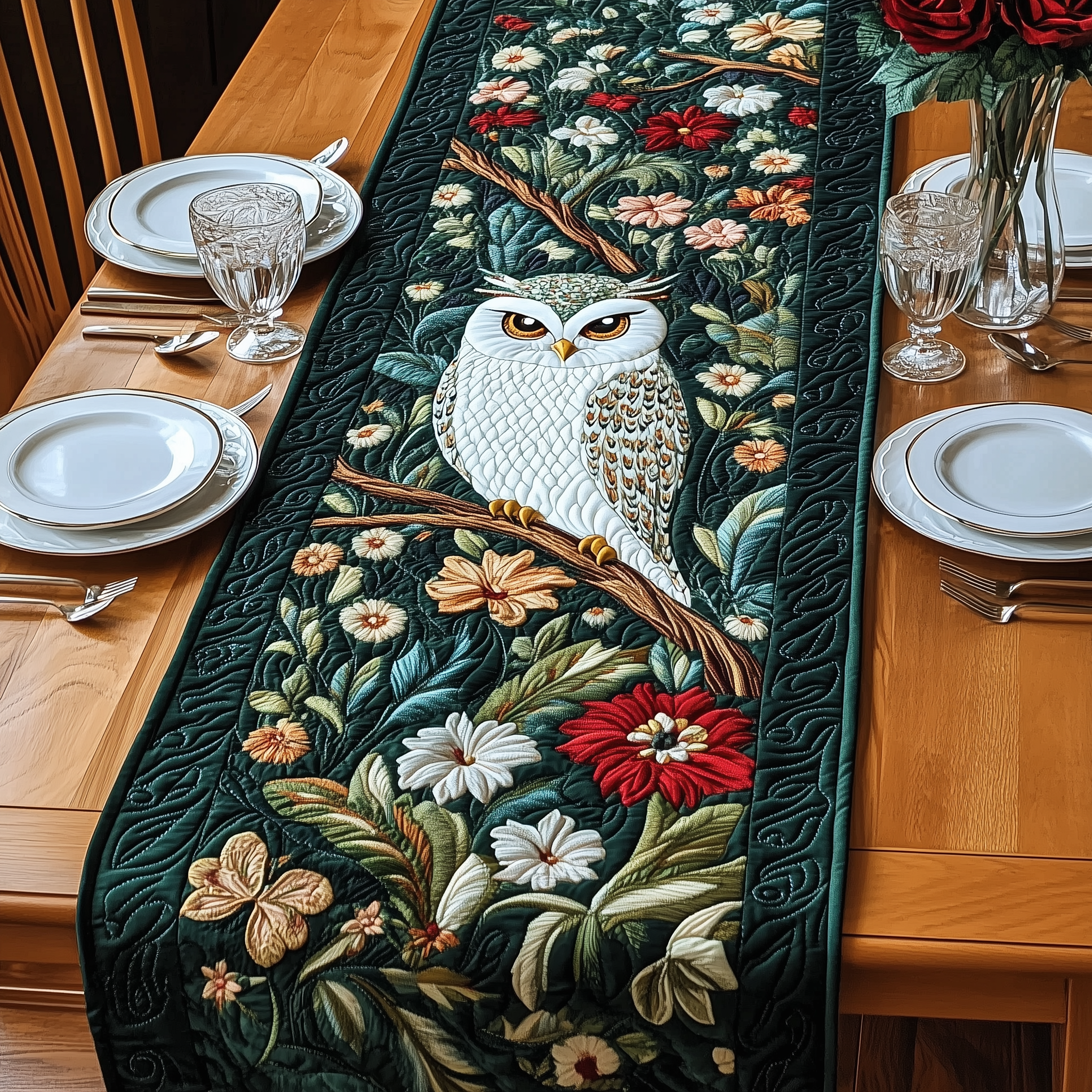 Floral Owl Quilted Table Runner, Easter Table Runner, Spring Table Runner, Mother's Day Gifts