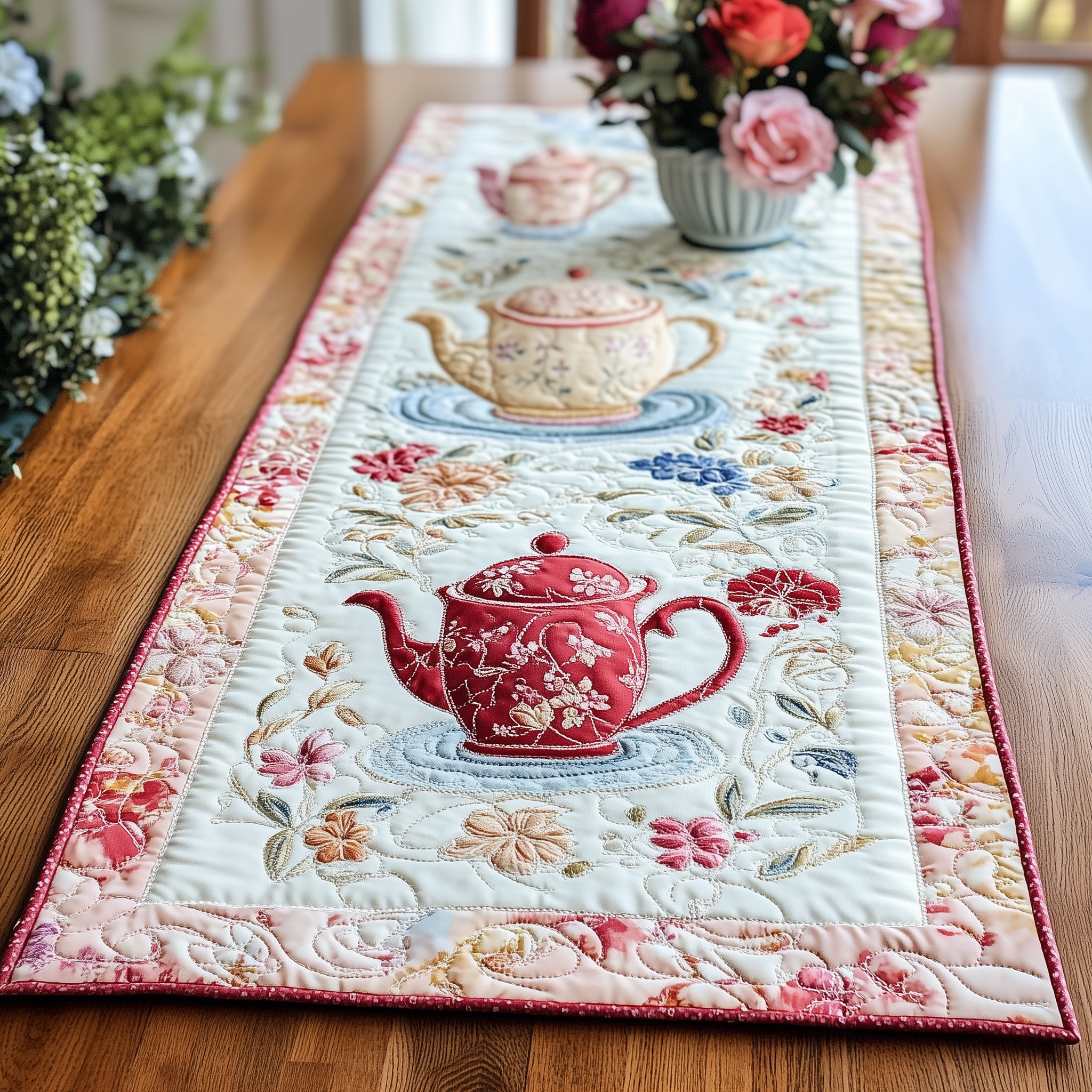 Floral Teapot Quilted Table Runner, Easter Table Runner, Spring Table Runner, Mother's Day Gifts