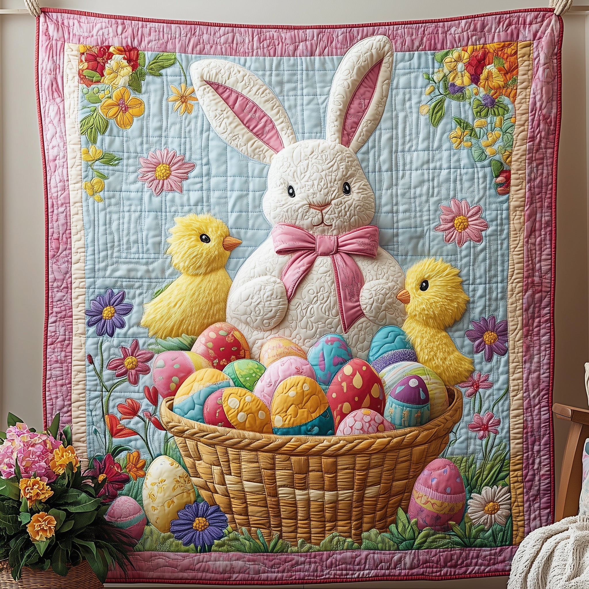 Bunny Easter Basket Quilt Blanket, Bunny Blanket, Mother's Day Gift, Easter Decor, Easter Gift