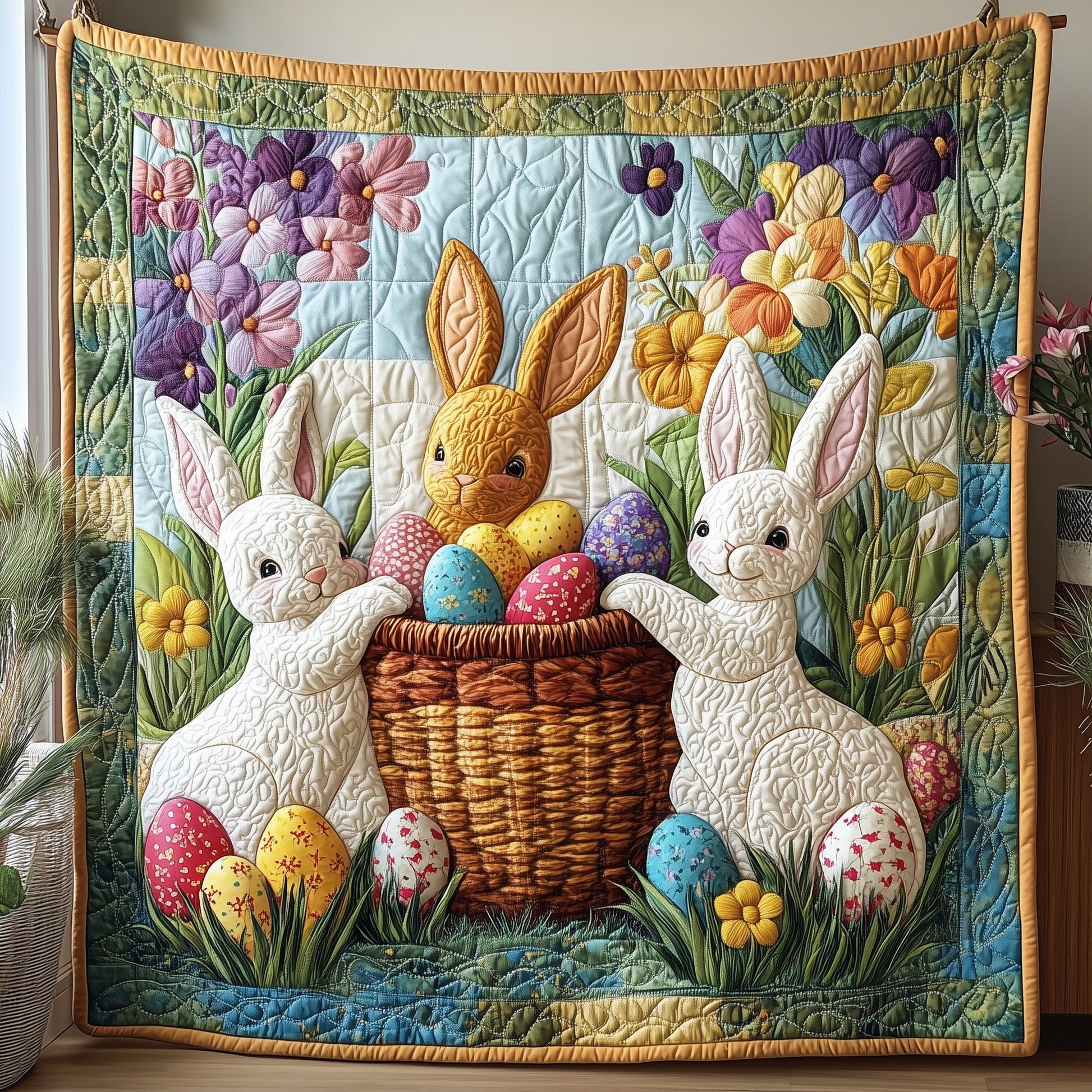 Easter Bunny Basket Quilt Blanket, Bunny Blanket, Bedroom Decor, Mother's Day Gift, Easter Decor, Easter Gift