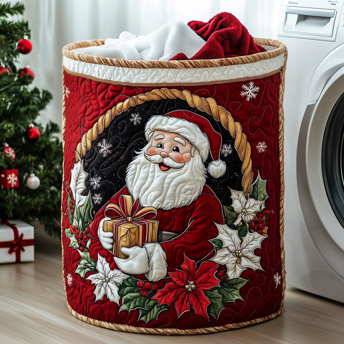 Santa Claus Poinsettia Christmas Gifts laundry basket