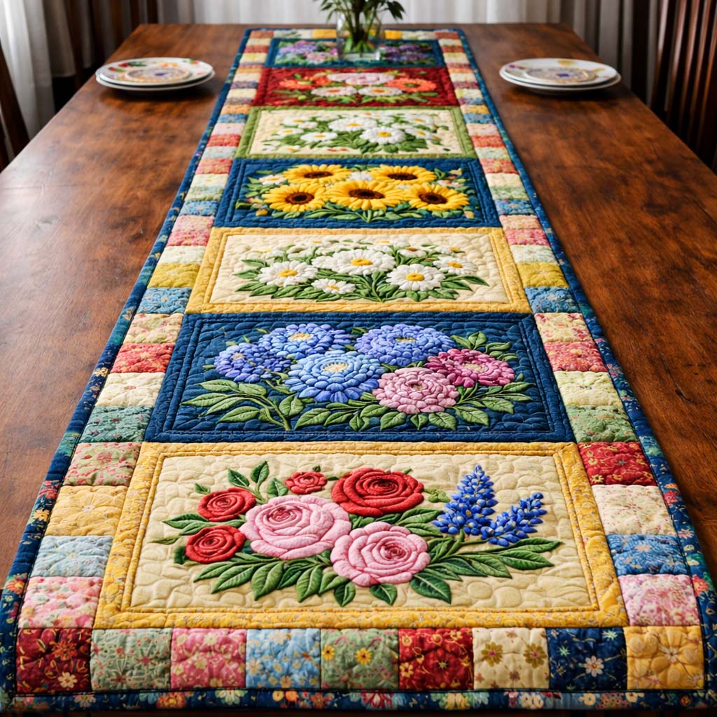 Romantic Bloom Patchwork Quilted Table Runner, Easter Table Runner, Spring Table Runner, Mother's Day Gifts