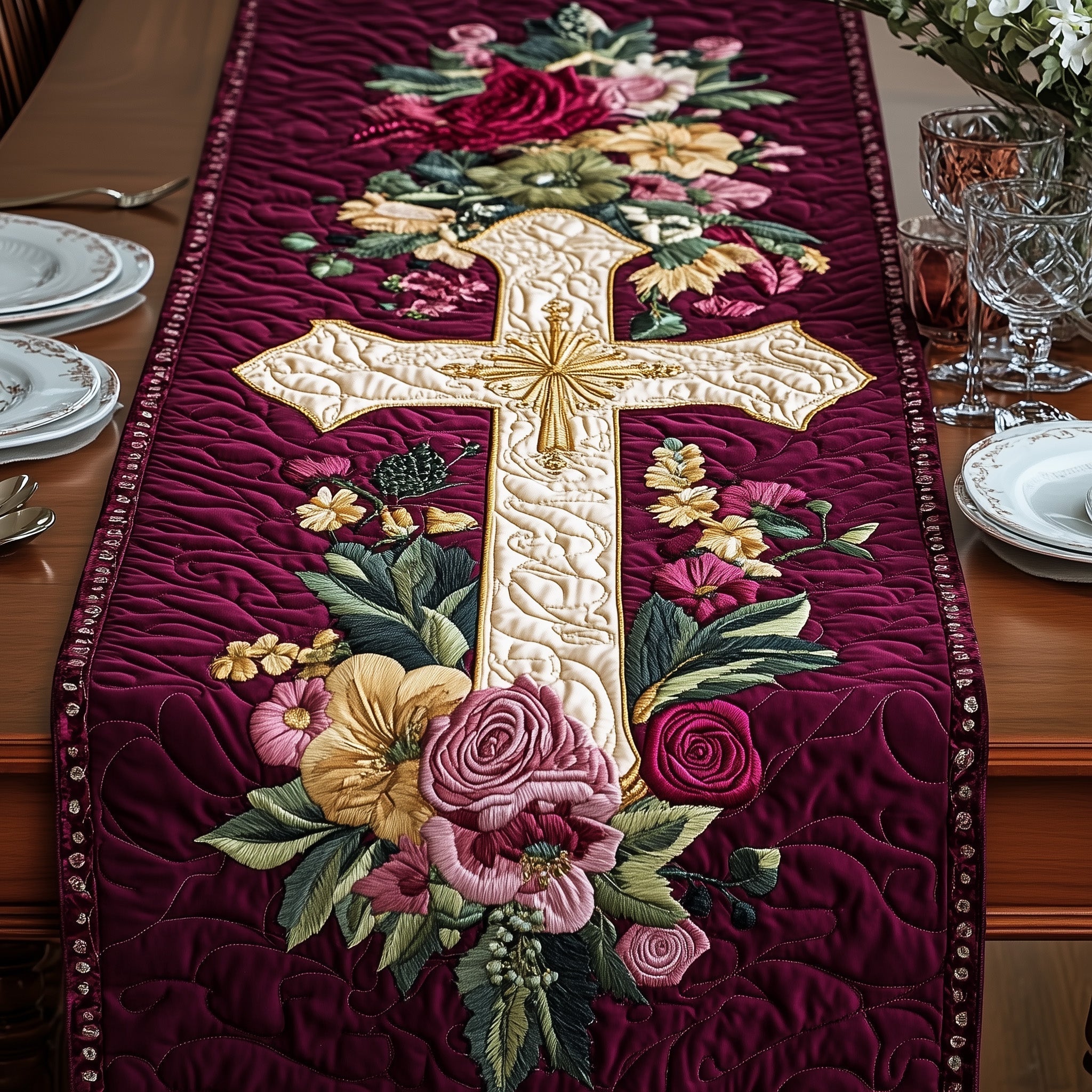 Decorative table runner with floral patterns and a cross on a table setting.