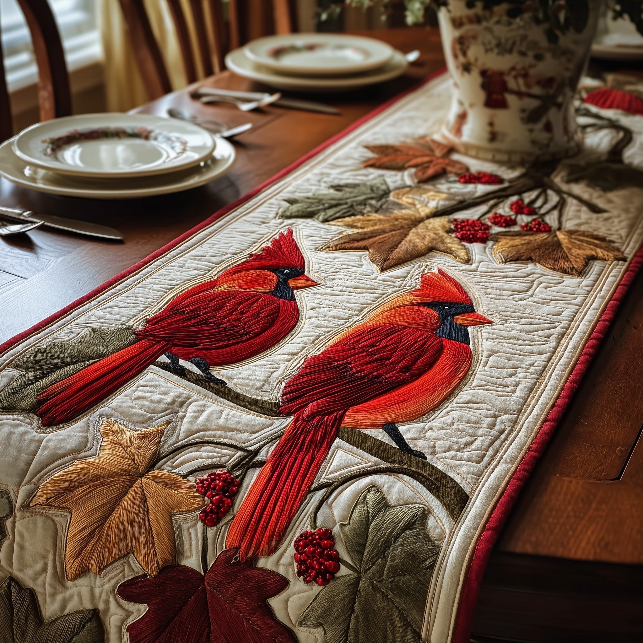 Autumn Cardinals Quilted Table Runner, Easter Table Runner, Spring Table Runner, Mother's Day Gifts