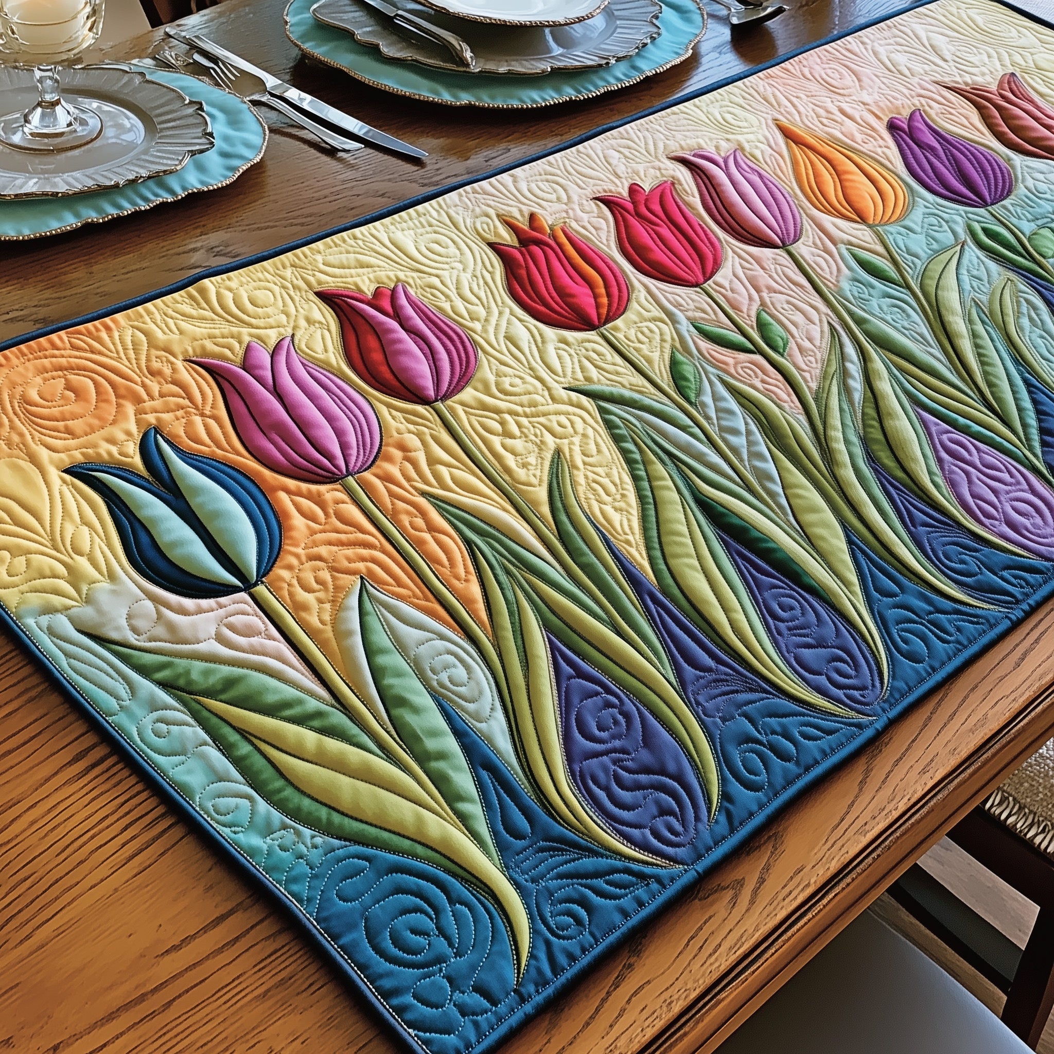 Colorful Tulip Quilted Table Runner, Easter Table Runner, Spring Table Runner, Mother's Day Gifts