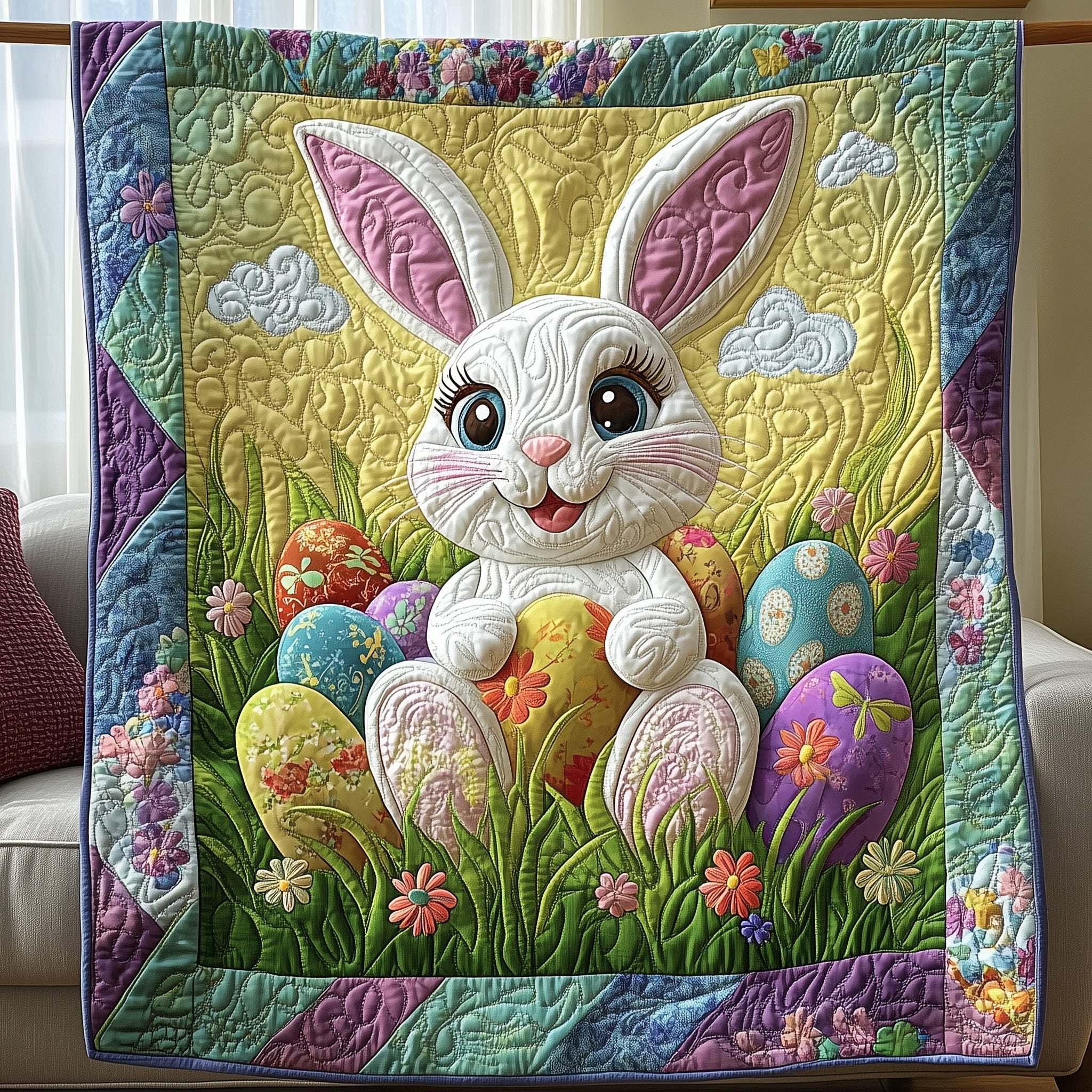 Easter Bunny Eggs Quilt Blanket, Bunny Blanket, Bedroom Decor, Mother's Day Gift, Easter Decor, Easter Gift