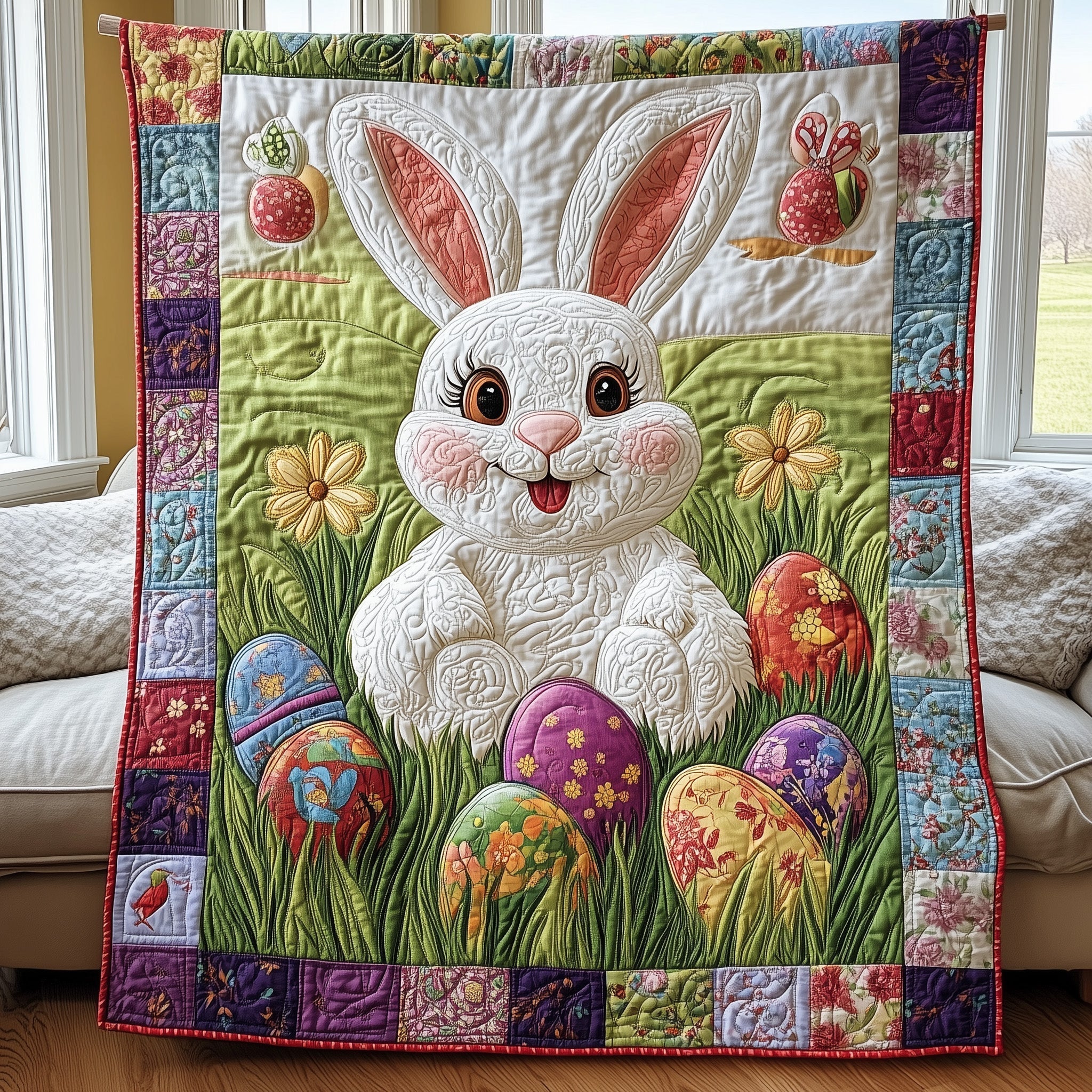 Colorful Easter Bunny Quilt Blanket, Bunny Blanket, Bedroom Decor, Mother's Day Gift, Easter Decor, Easter Gift