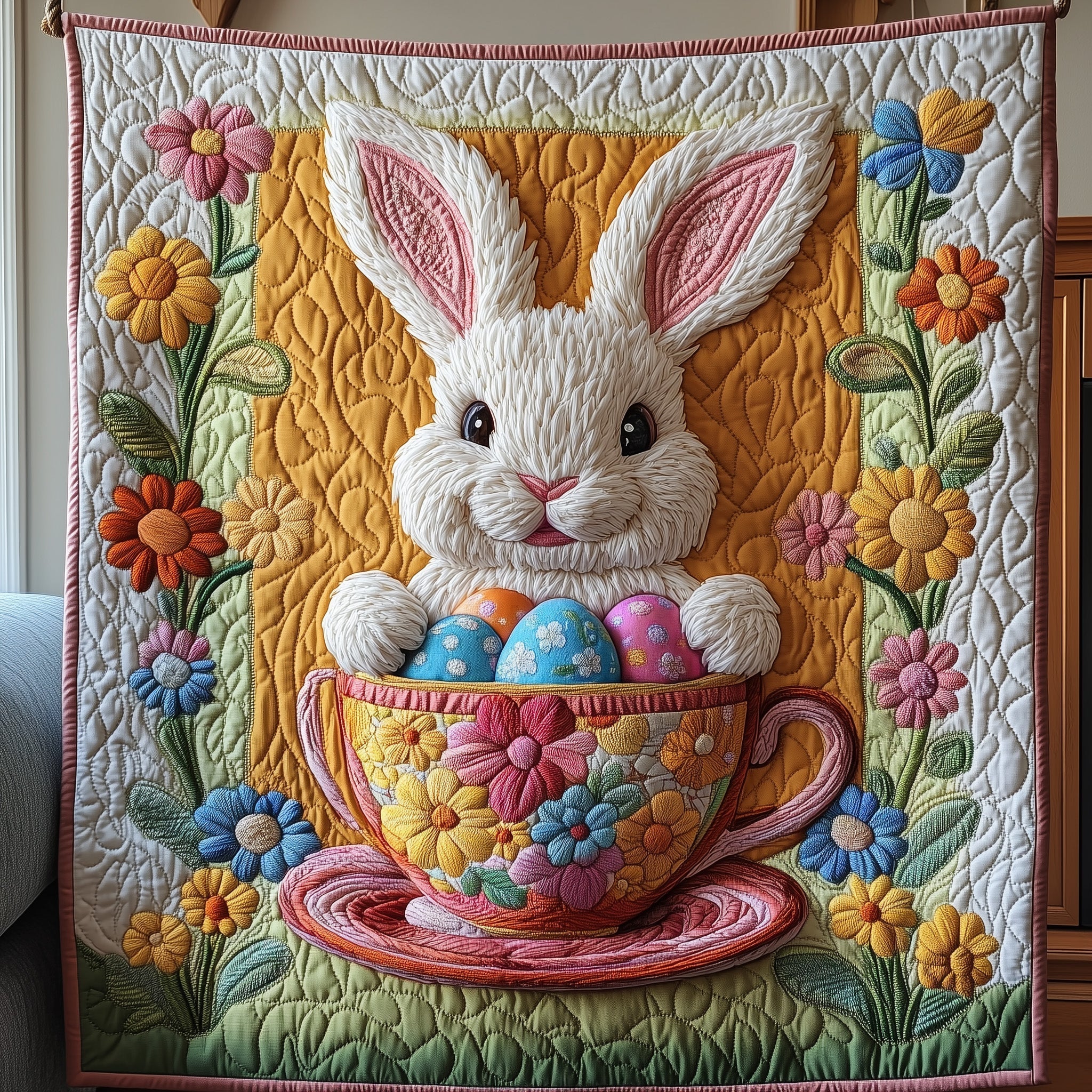 Bunny And Easter Eggs Quilt Blanket, Bunny Blanket, Mother's Day Gift, Easter Decor, Easter Gift