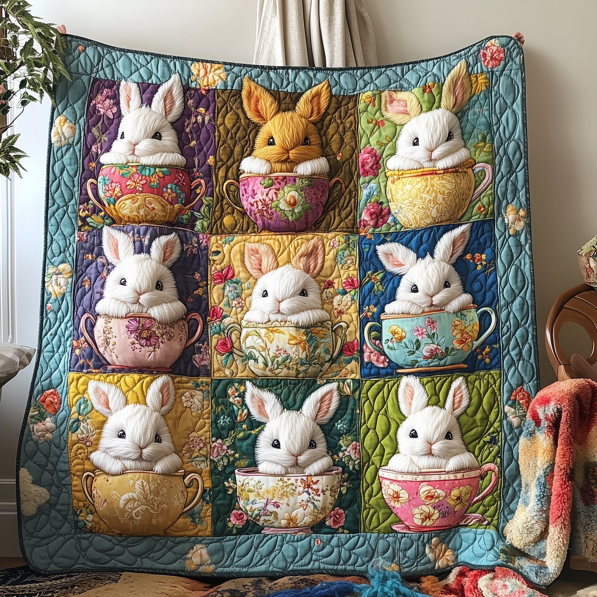 Teacup Bunnies Quilt Blanket, Bunny Blanket, Mother's Day Gift, Easter Decor, Easter Gift