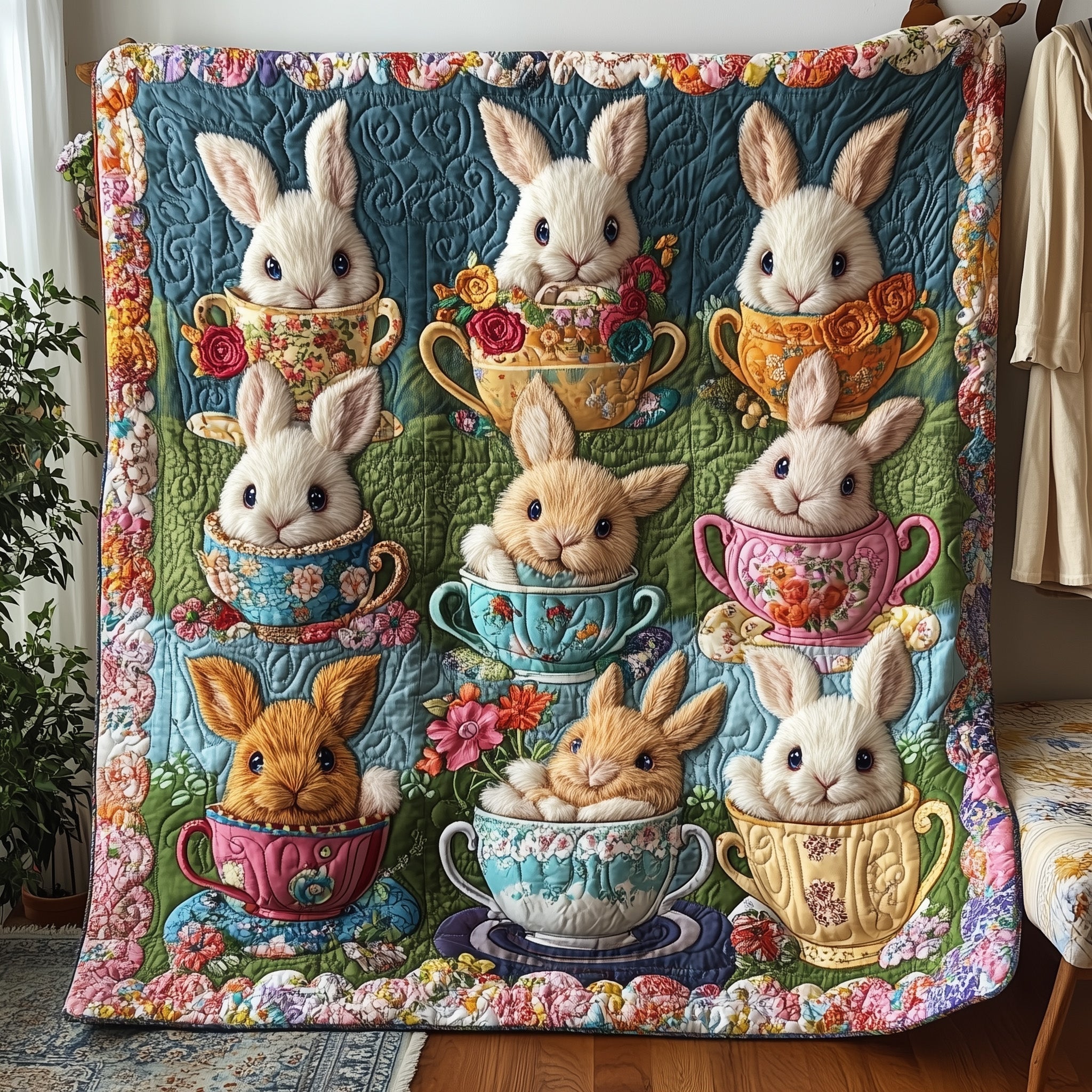 Teacup Bunnies Quilt Blanket, Bunny Blanket, Bedroom Decor, Mother's Day Gift, Easter Decor, Easter Gift