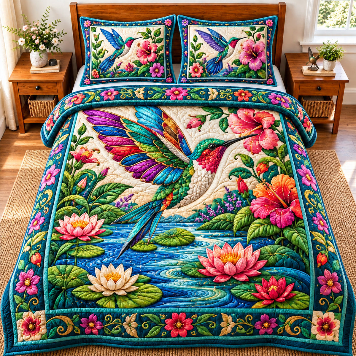 Jeweled Hummingbird Water Garden Quilted Bedding Set