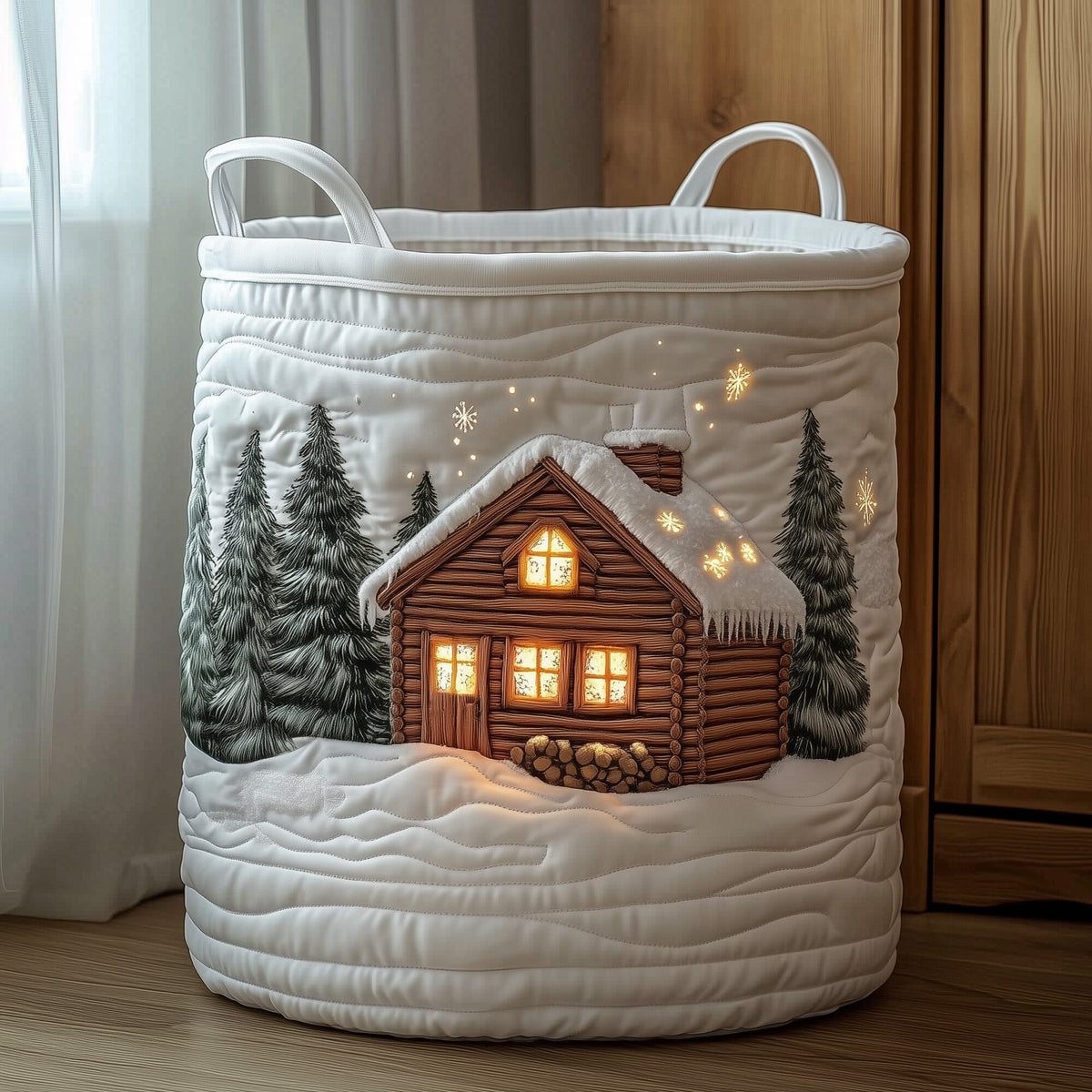 Winter Snowy Log Cabin laundry basket