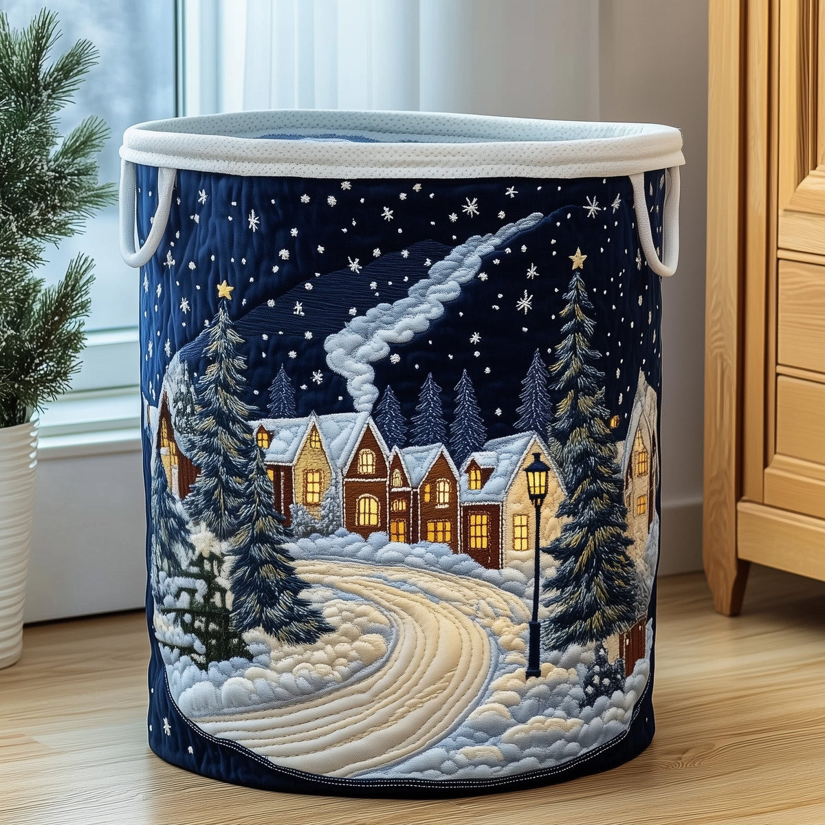 Snowy Village At Night laundry basket