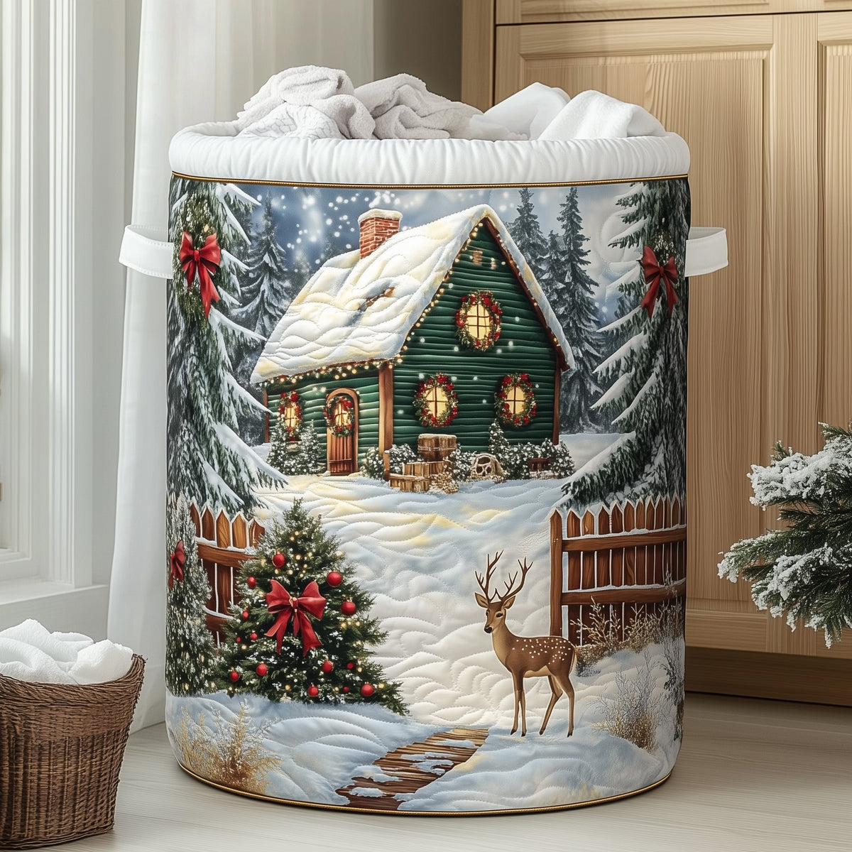 Woodland Winter Cottage And Deer laundry basket