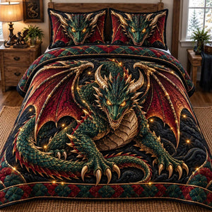 Emerald Dragon King Quilted Bedding Set