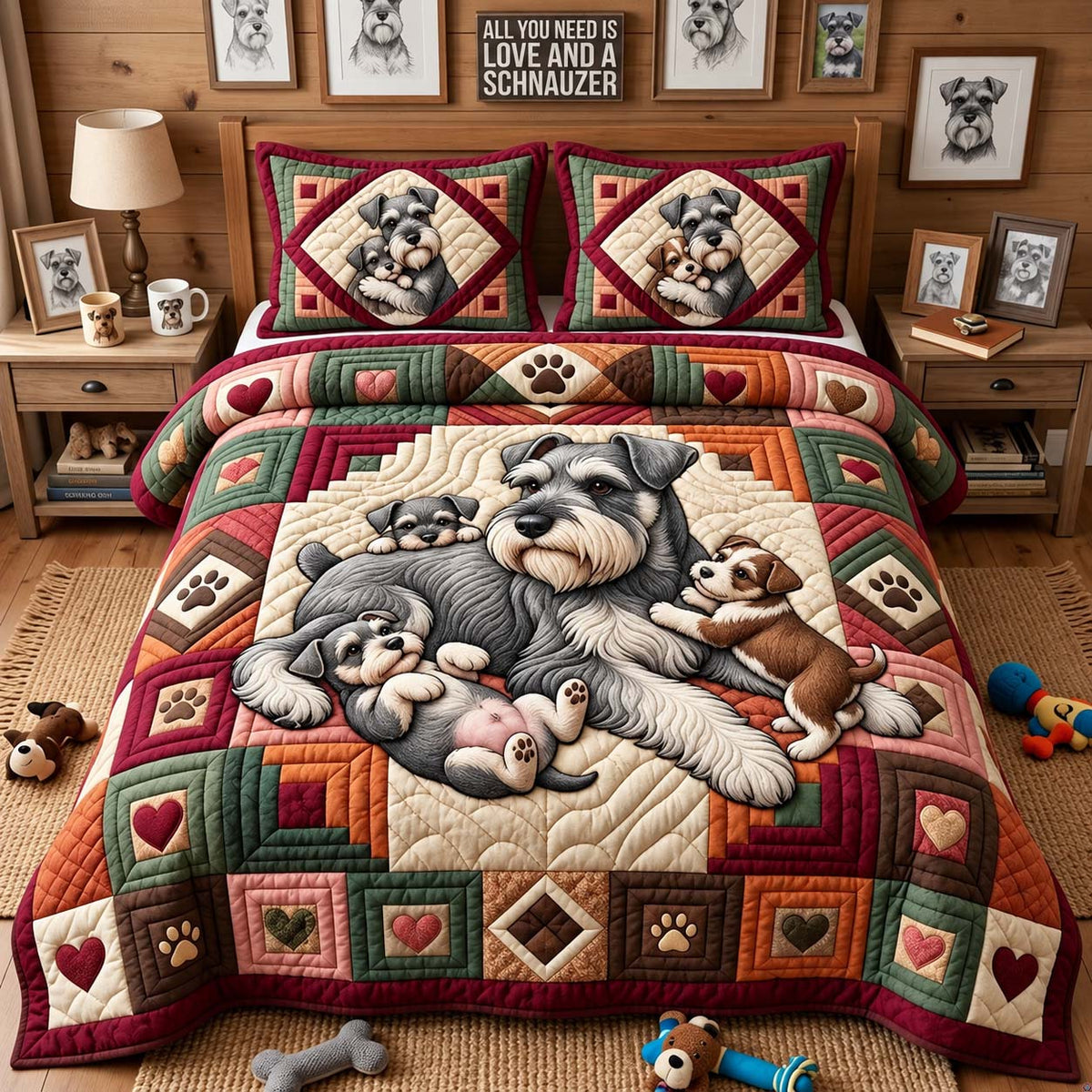 Schnauzer Family Love Patchwork Quilted Bedding Set