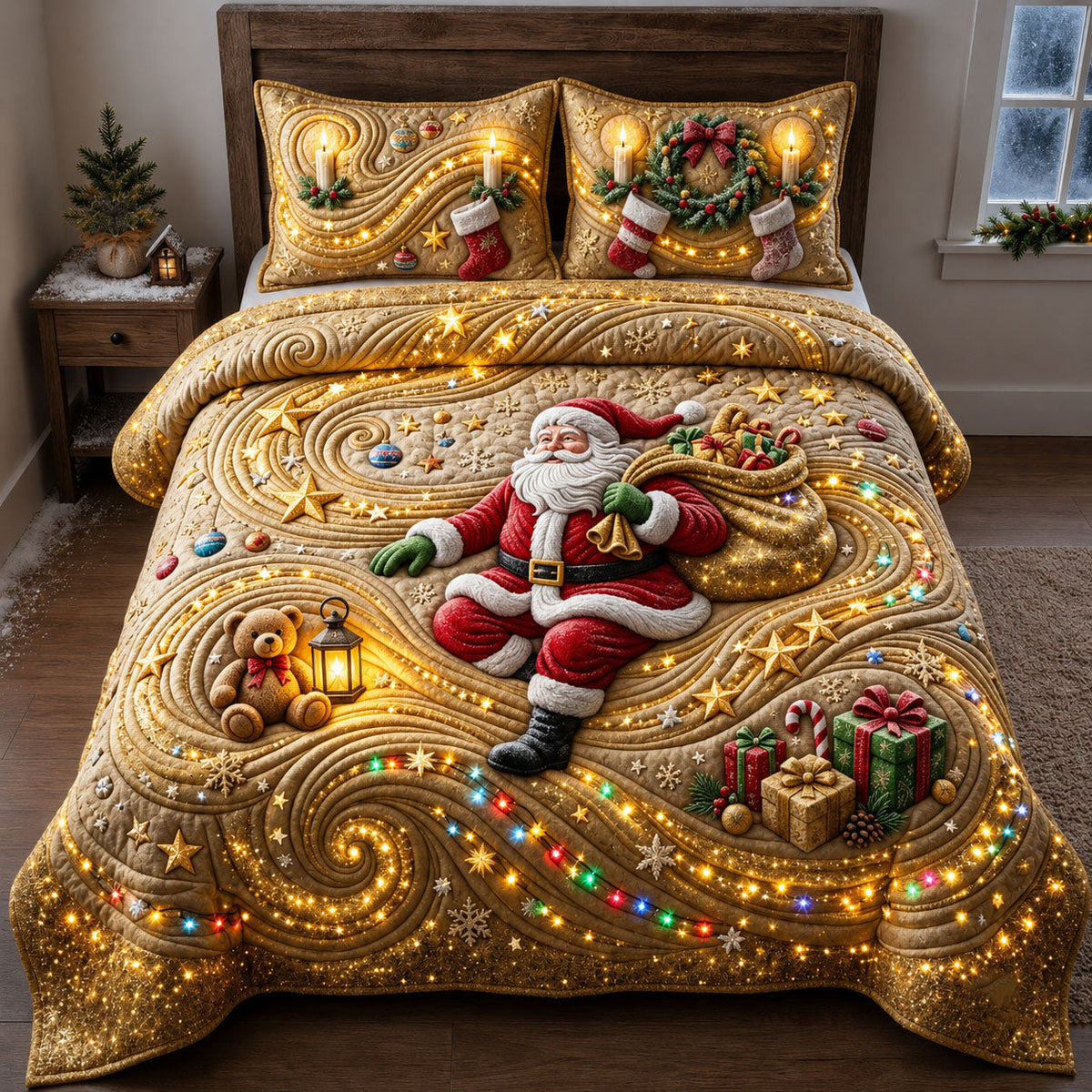 Golden Santa Christmas Lights Quilted Bedding Set