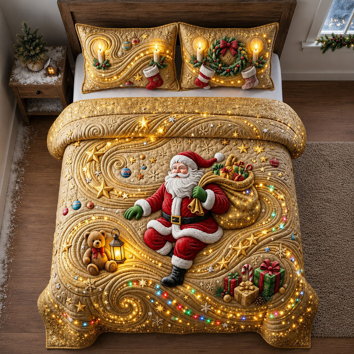 Golden Santa Christmas Lights Quilted Bedding Set