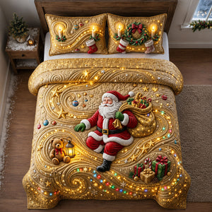 Golden Santa Christmas Lights Quilted Bedding Set