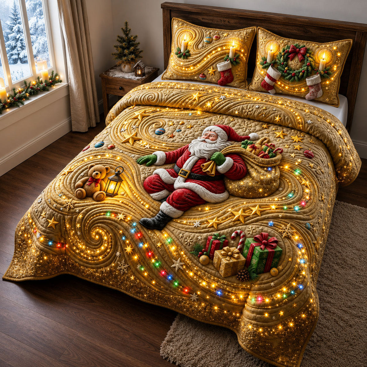 Golden Santa Christmas Lights Quilted Bedding Set