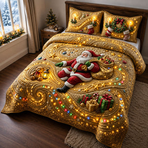 Golden Santa Christmas Lights Quilted Bedding Set